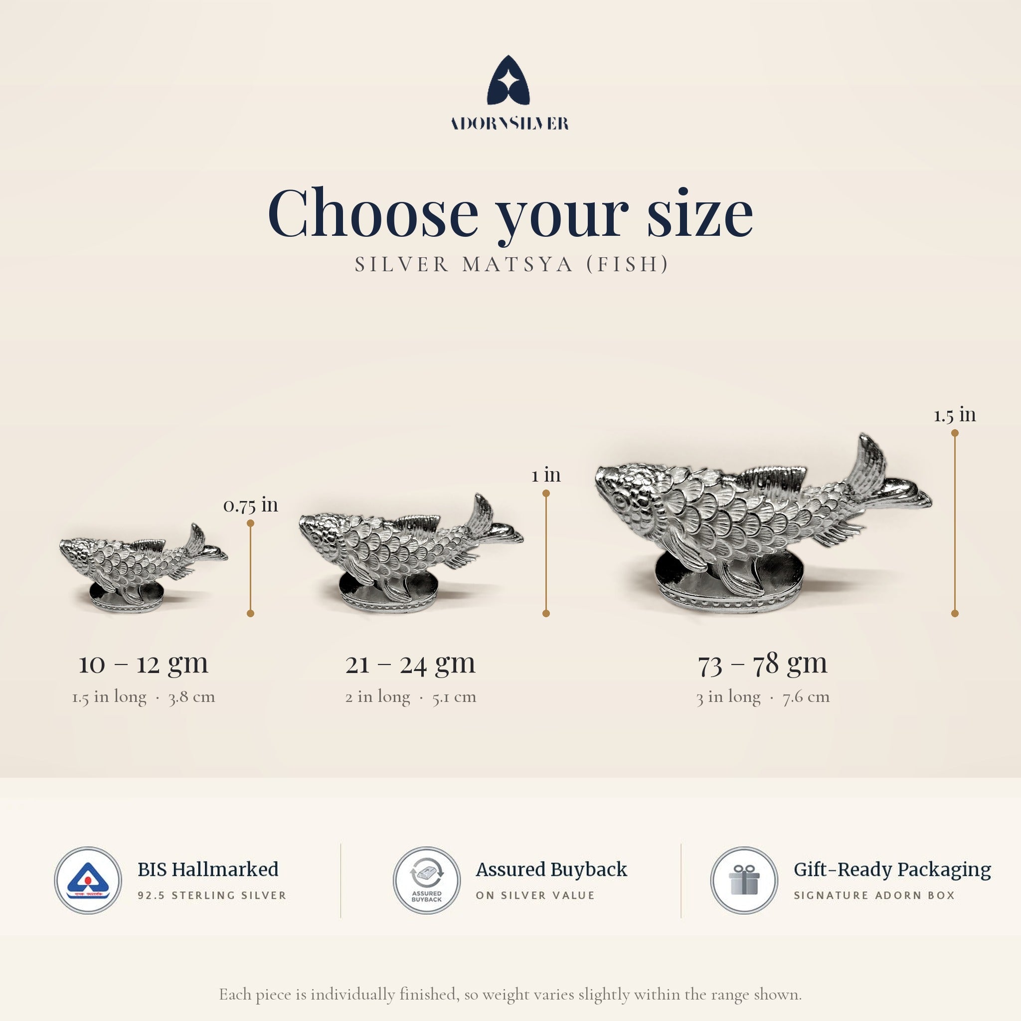 Silver Matsya size guide: 10-12 gm (1.5 x 0.75 in), 21-24 gm (2 x 1 in), 73-78 gm (3 x 1.5 in)
