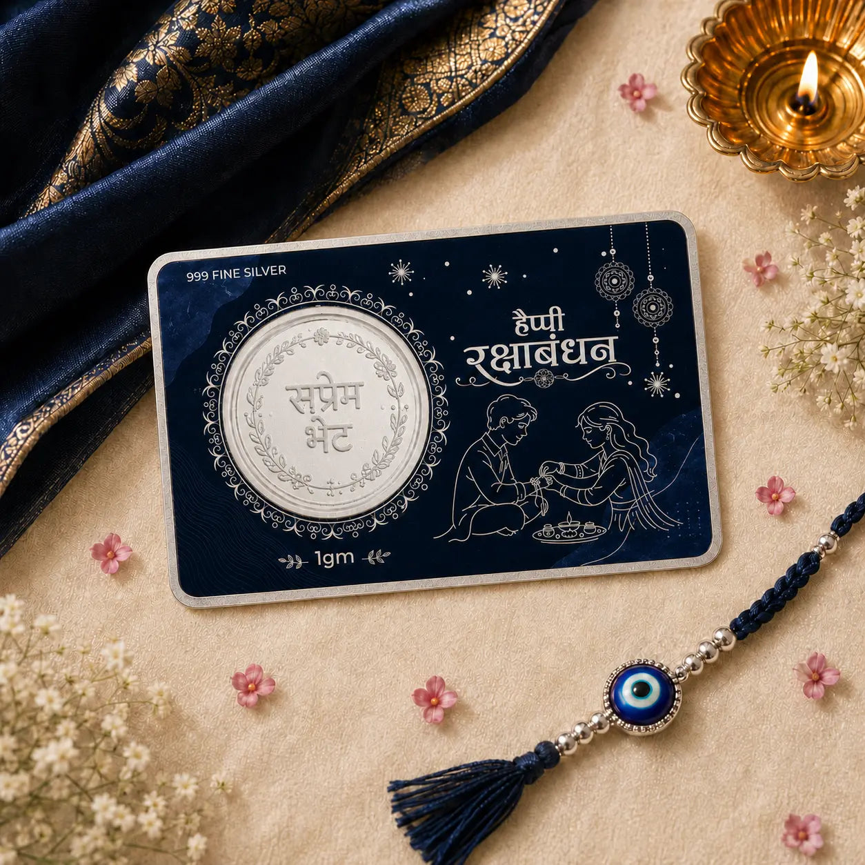 A silver Rakhi coin displayed on its dark blue presentation card, styled with a matching navy blue and silver evil eye Rakhi, a gold diya, and traditional Indian floral elements on a beige textured background.
