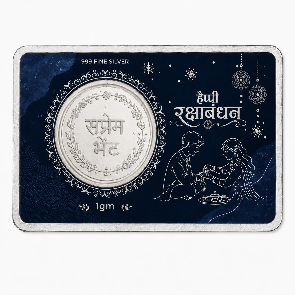 A 1g silver coin presented on a dark navy blue backing card with Hindi text and decorative line art of a couple under stars.