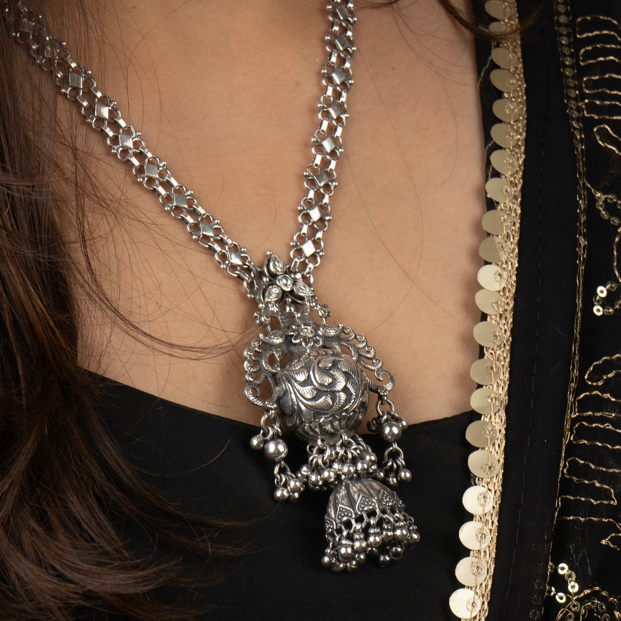 Peacock Motif Silver Necklace