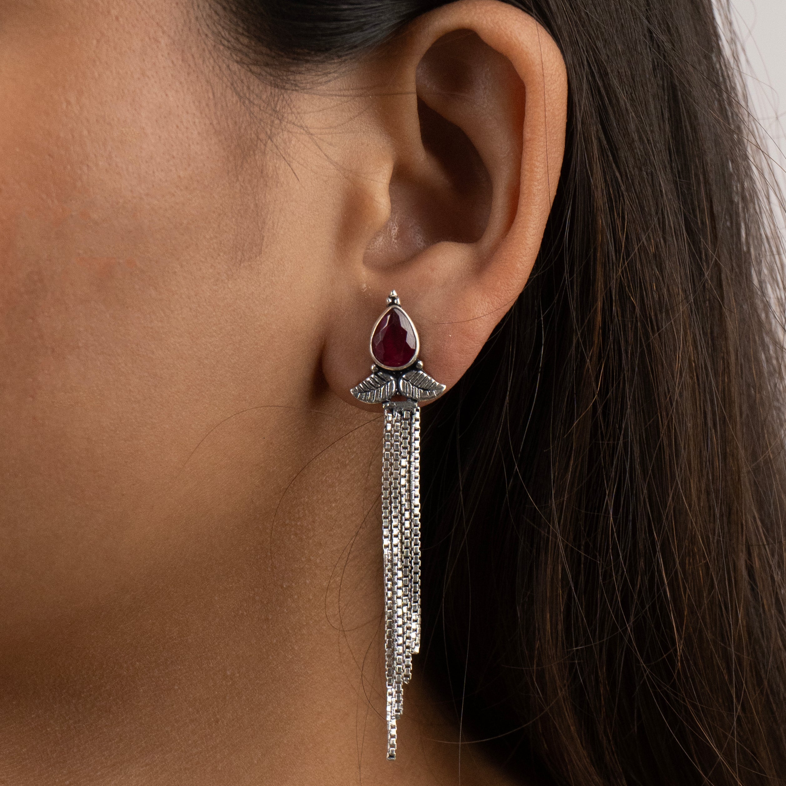 Ruby Leaf Tassel Earrings