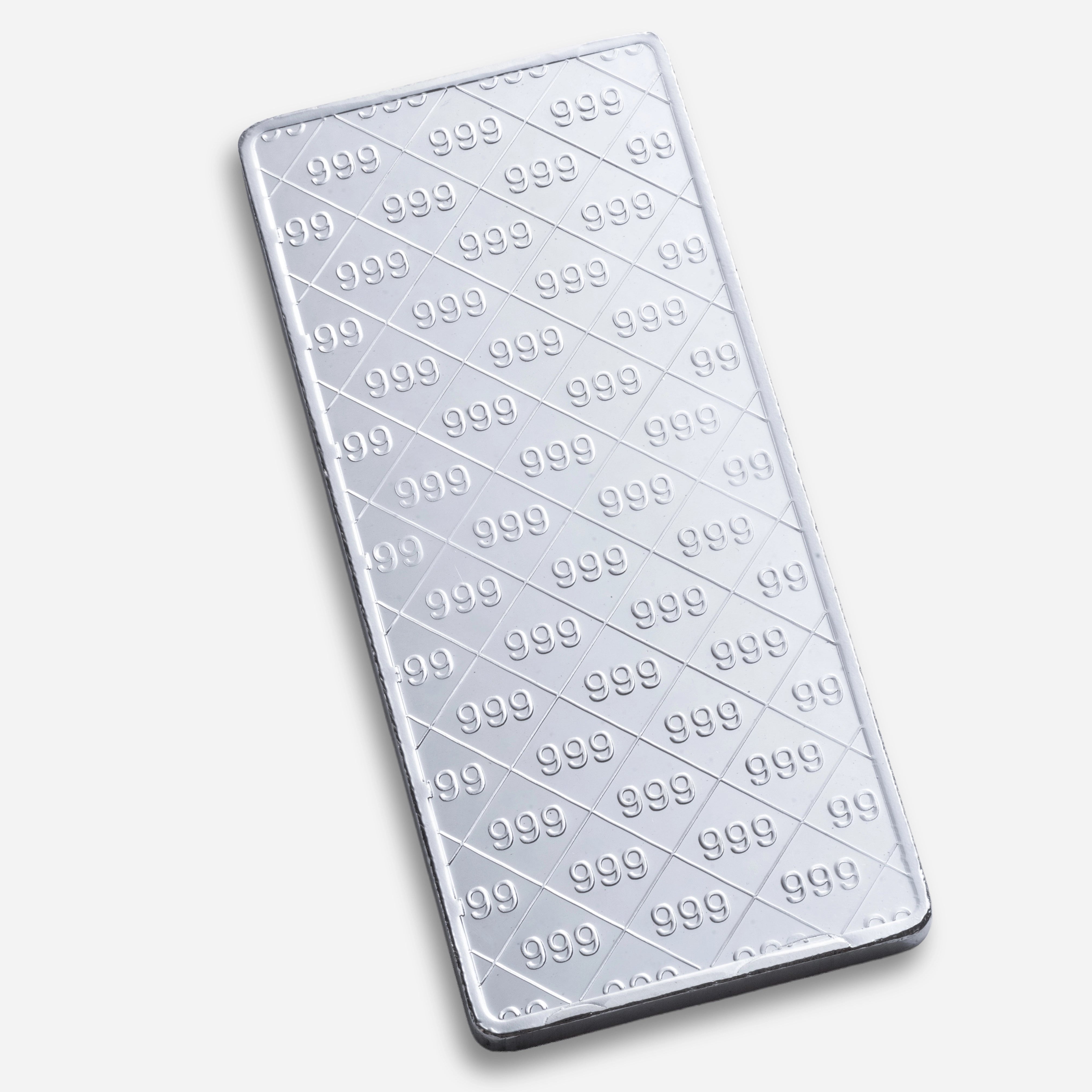 A silver rectangular card case with a repeating embossed diamond pattern and '999' text, shown on a light gray background.
