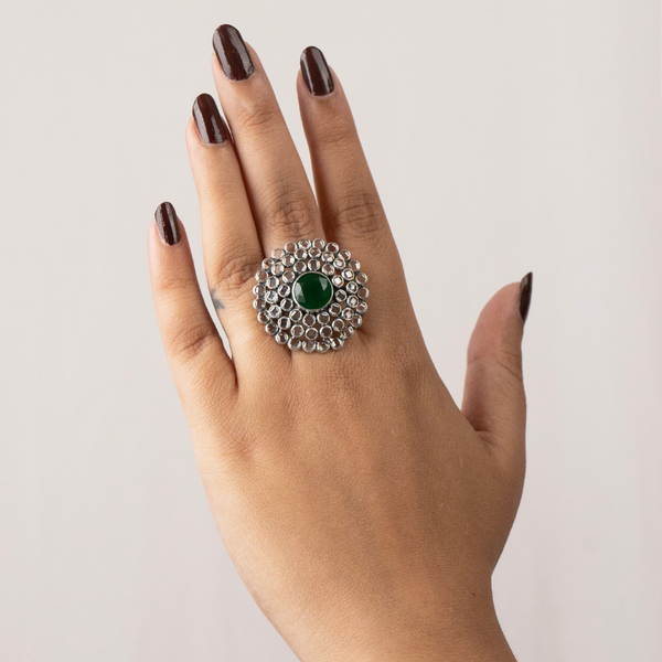 Silver Blossom Ring with Green Stone