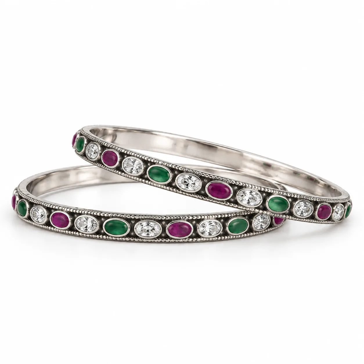 Classic oval silver bangles with multicolour stones