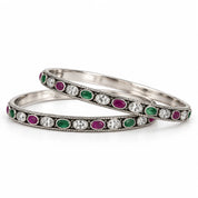 Classic oval silver bangles with multicolour stones