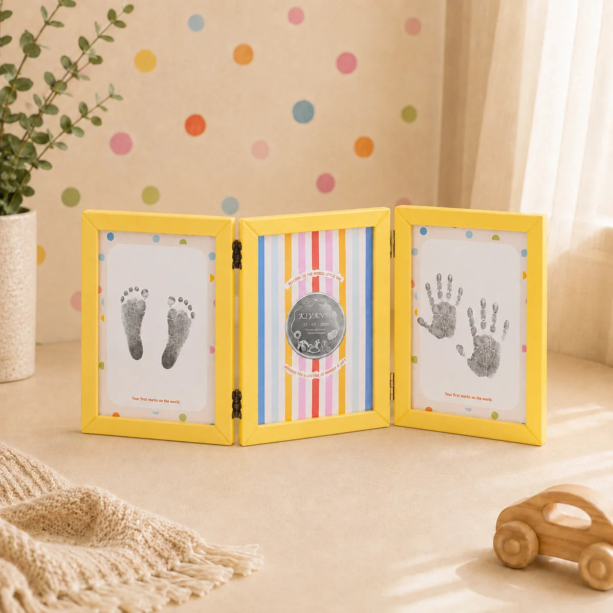 First Impressions Three Fold frame with baby footprints, personalised silver coin and handprints by Adorn Silver