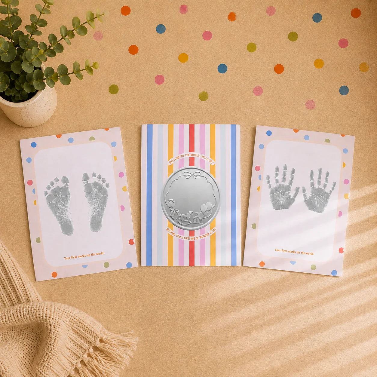 First Impressions Three Fold cards with baby footprints, silver coin card and handprints