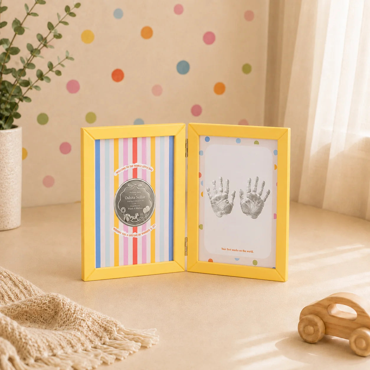 First Impressions Two Fold frame with personalised silver coin and baby handprint by Adorn Silver, image 1