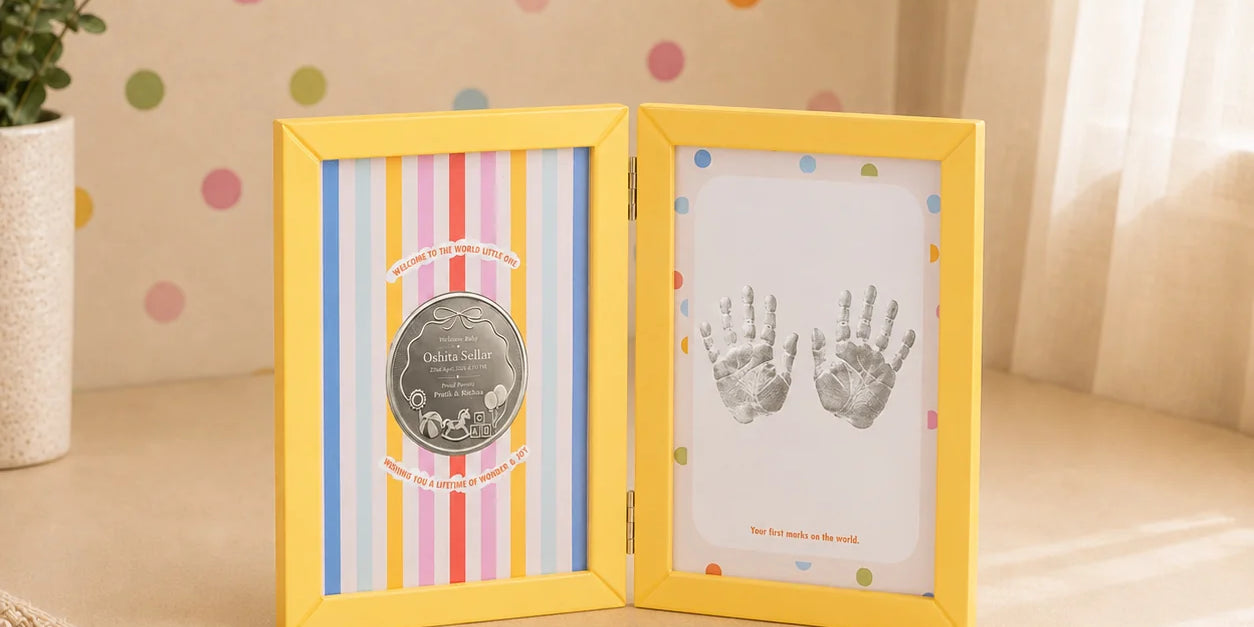 First Impressions Two Fold frame with personalised silver coin and baby handprint by Adorn Silver, image 1
