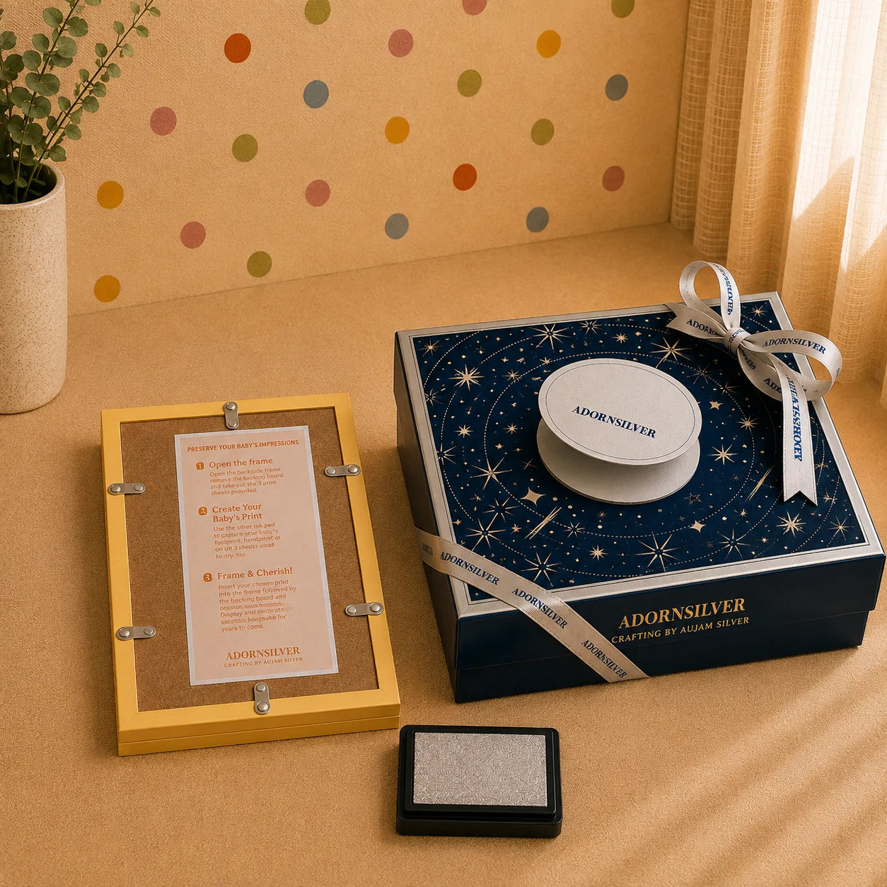First Impressions Two Fold frame with personalised silver coin and baby handprint by Adorn Silver, image 3