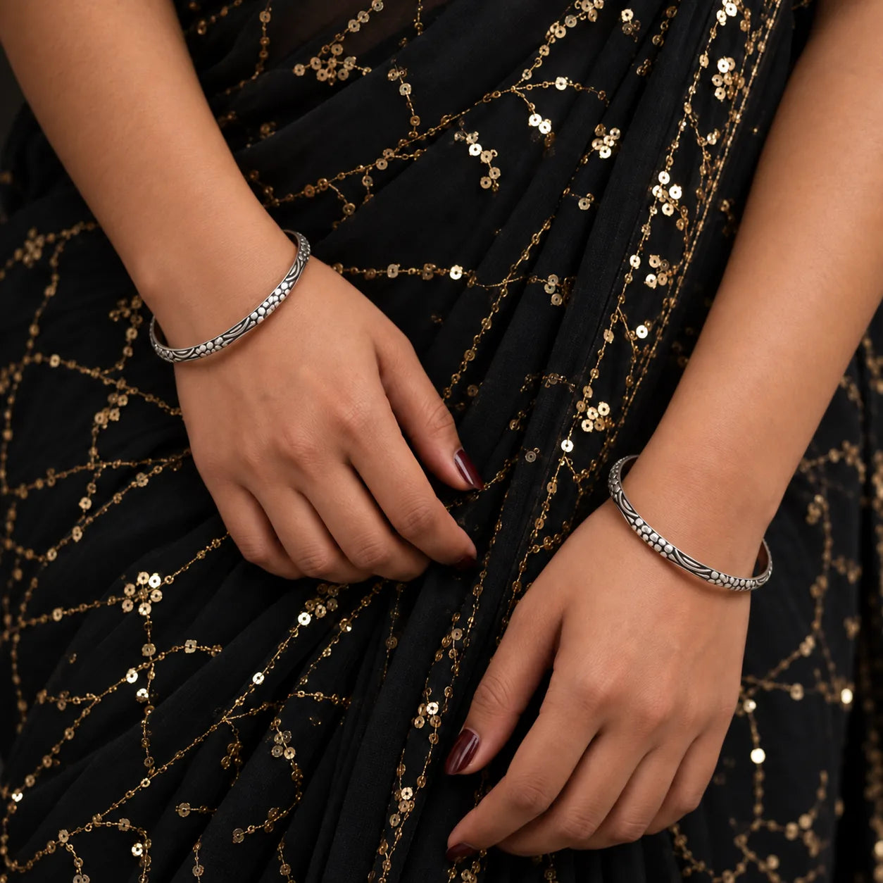 Floral engraved antique silver bangles, detail