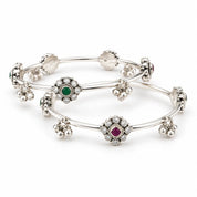 Floral motif dual stone silver bangles