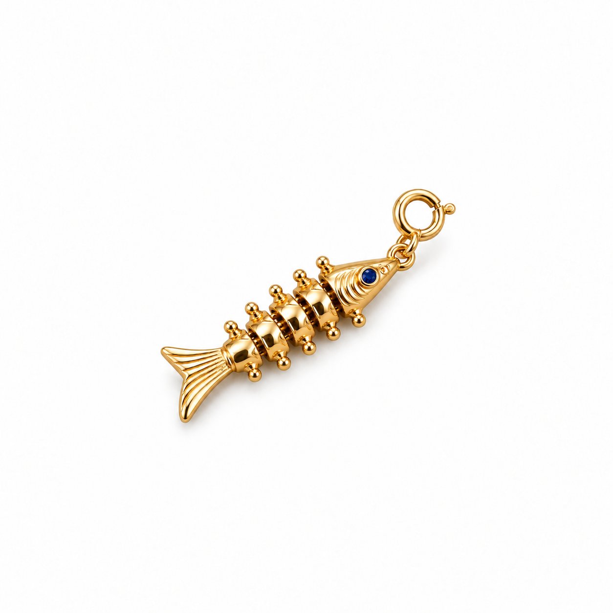 Go With the Flow articulated fish charm in gold finish 92.5 silver with blue stone eye