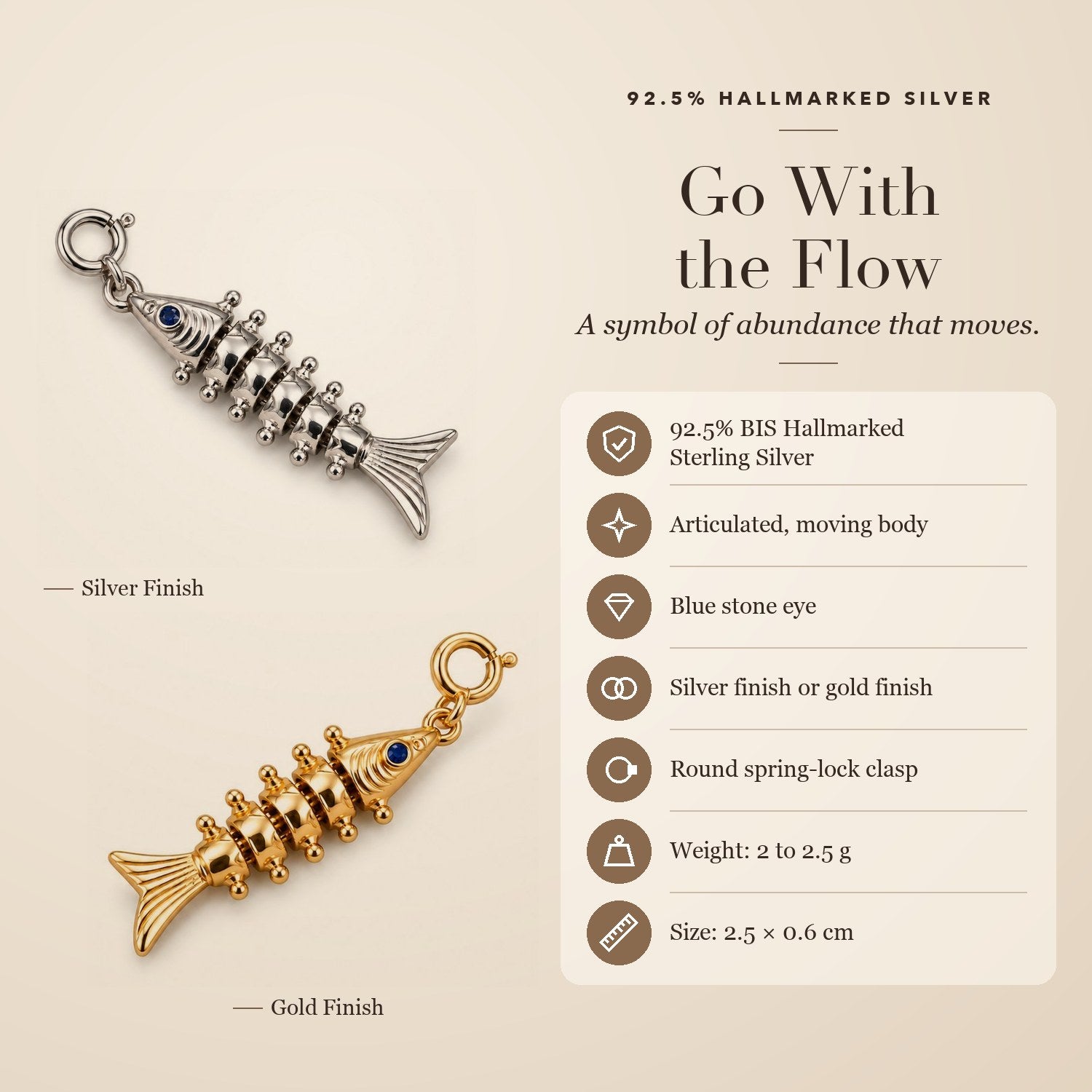 Go With the Flow fish charm in 92.5 silver and gold finish with key features