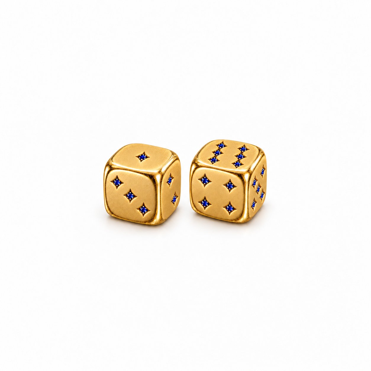 Lucky Roll pair of gold finish 92.5 silver dice with blue stone pips
