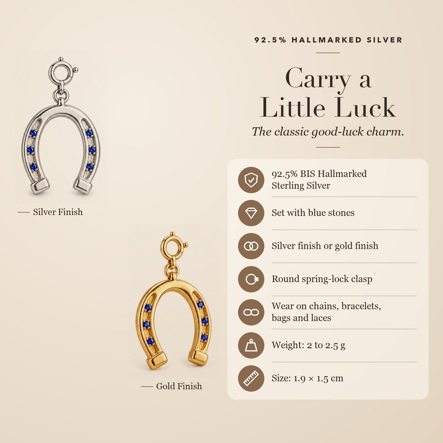 Lucky Step horseshoe charm in 92.5 silver and gold finish with key features