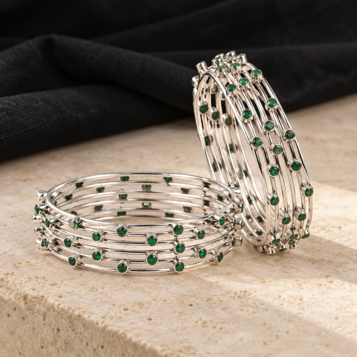 Multi-row silver bangle, detail