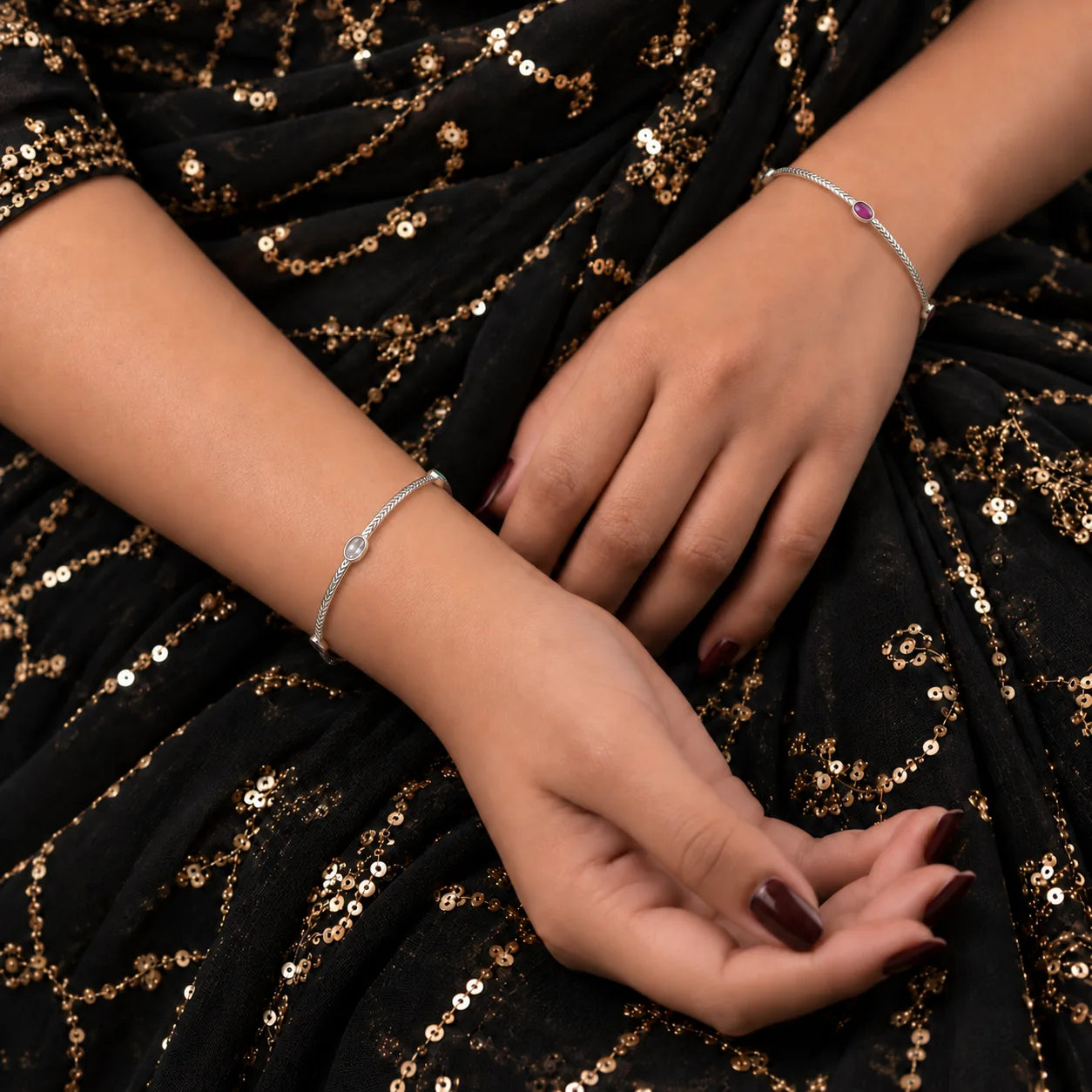 Multi stone silver bangles, styled