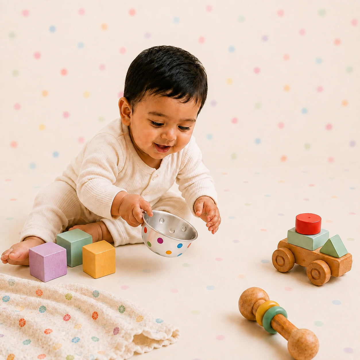 Baby playing with the My First Silver Bowl by Adorn Silver