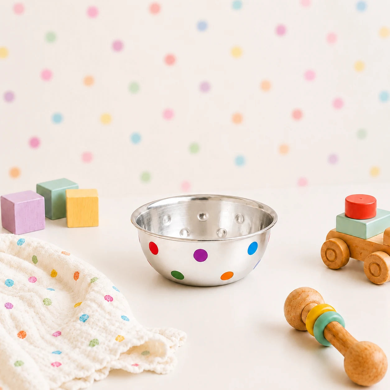 My First Silver Bowl styled with baby toys by Adorn Silver