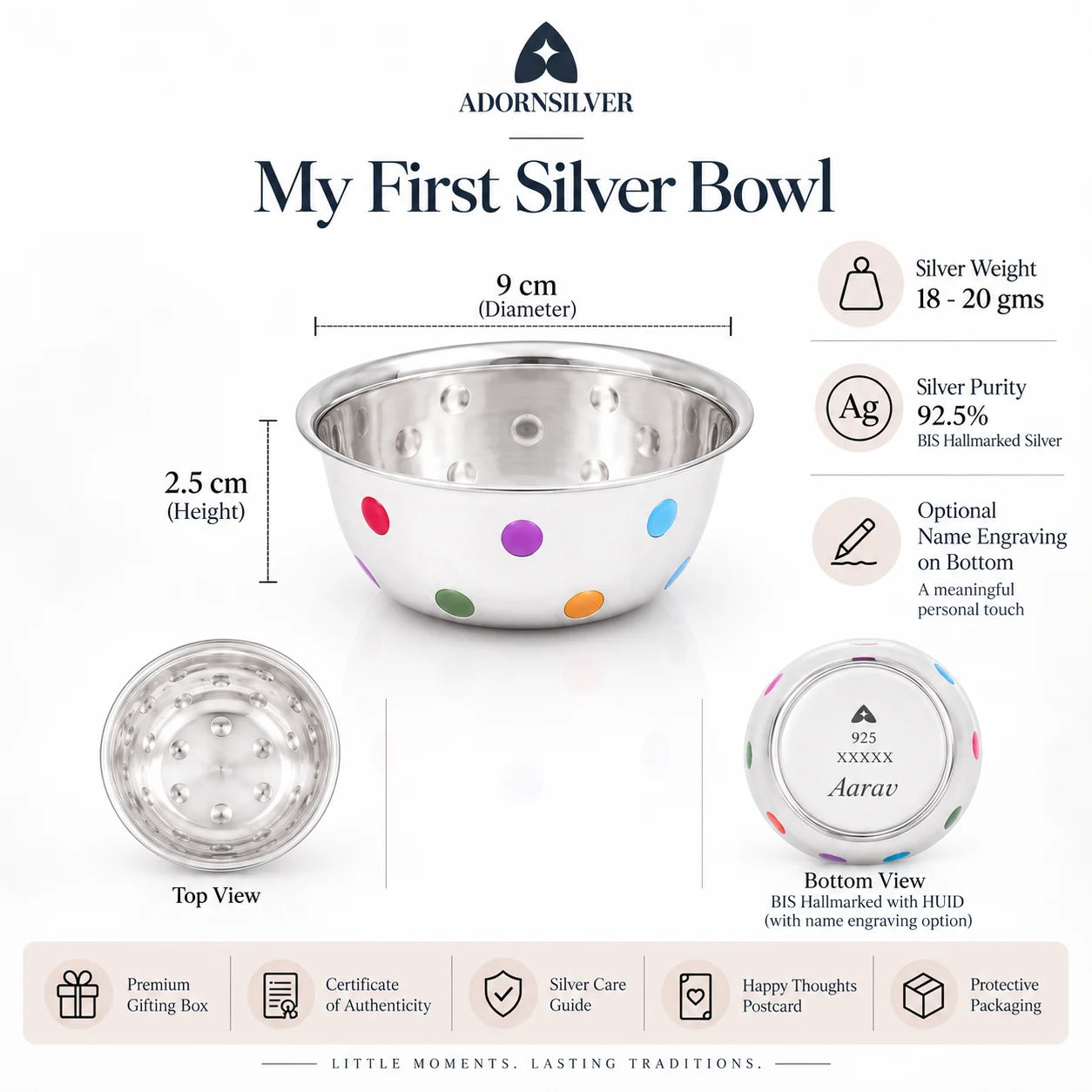 My First Silver Bowl size, weight and purity details by Adorn Silver