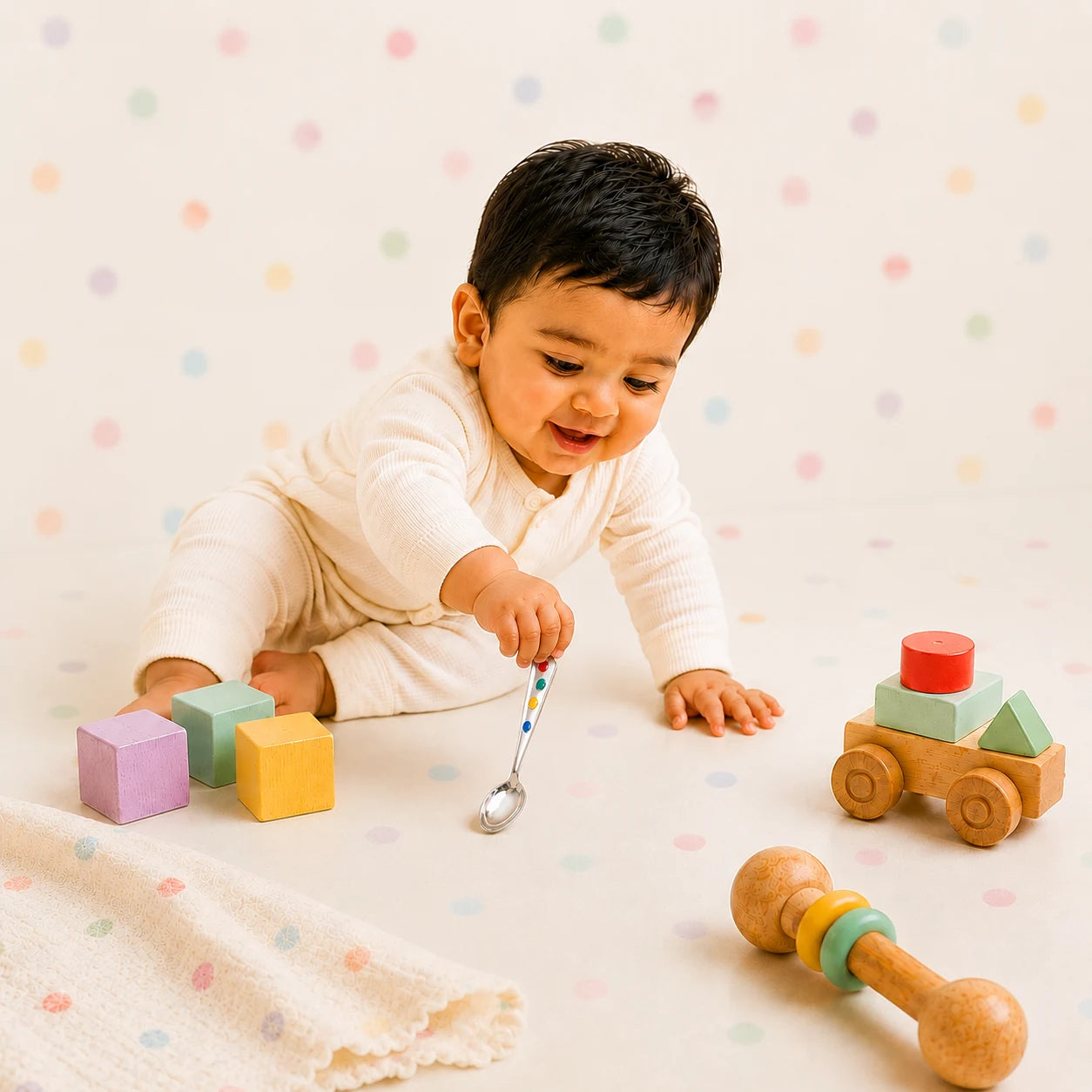 Baby playing with the My First Silver Spoon by Adorn Silver