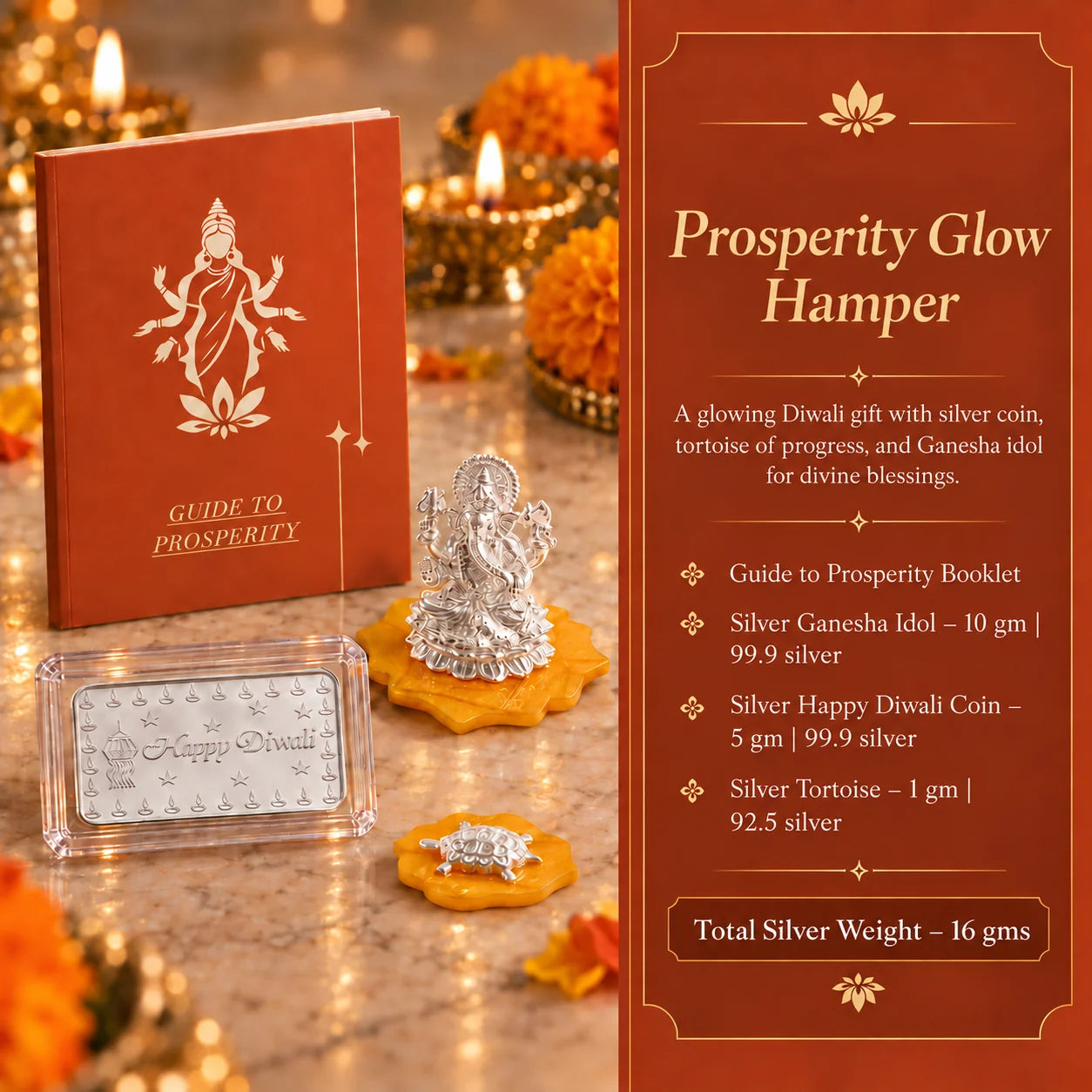 Prosperity Glow Hamper by Adorn Silver with silver Ganesha idol, Happy Diwali coin, tortoise and Guide to Prosperity booklet