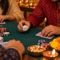 Silver seven horses poker chip held at a Diwali card night