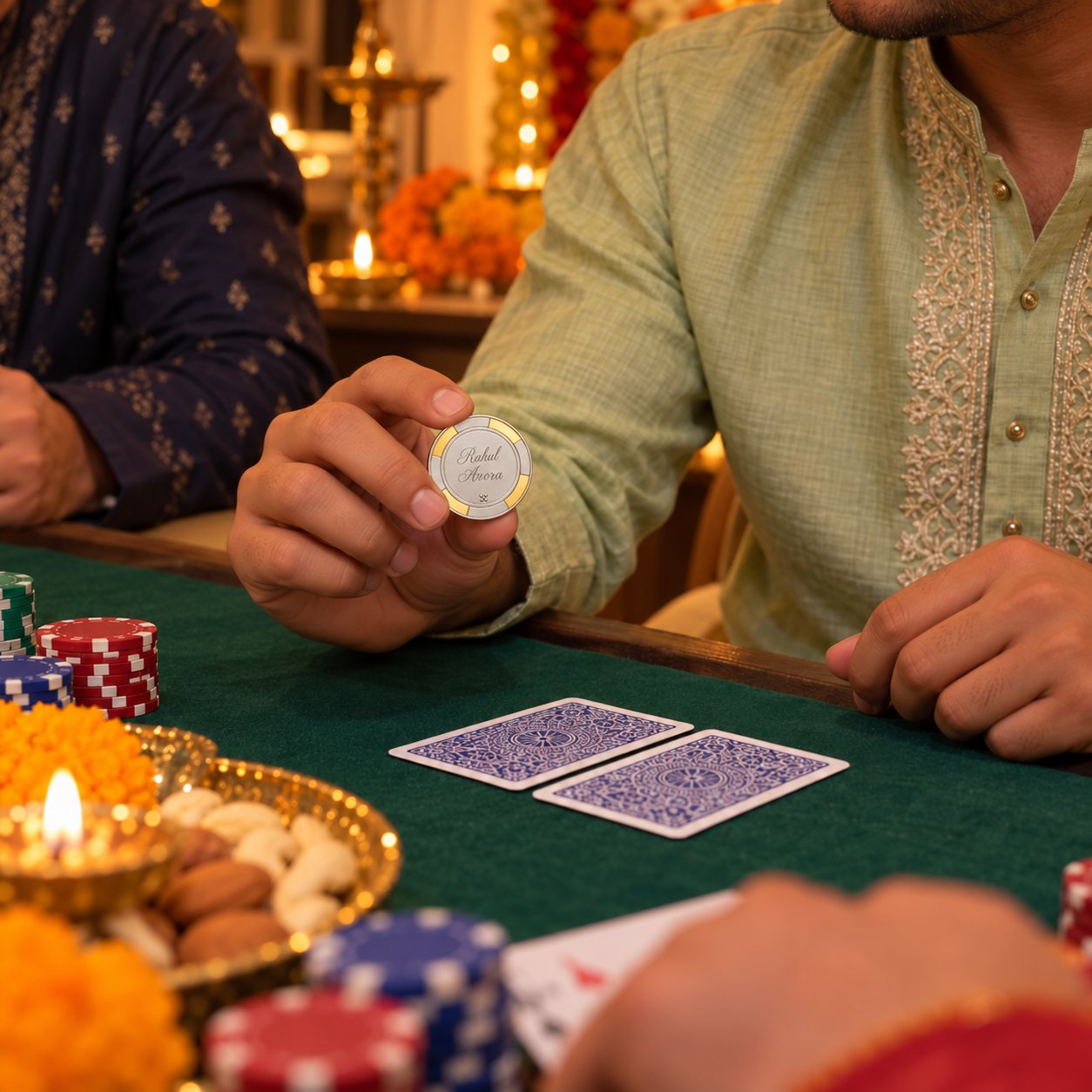 Seven horses silver poker chip in hand at the card table