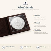 What's inside: 5 gm 999 certified silver Radha Krishna coin sealed in a clear card, in a velvet folder printed with the Shri Krishna Shloka