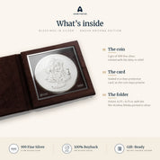 What's inside: 5 gm 999 fine silver Radha Krishna coin sealed in a clear card, in a velvet folder printed with the Shri Krishna Shloka