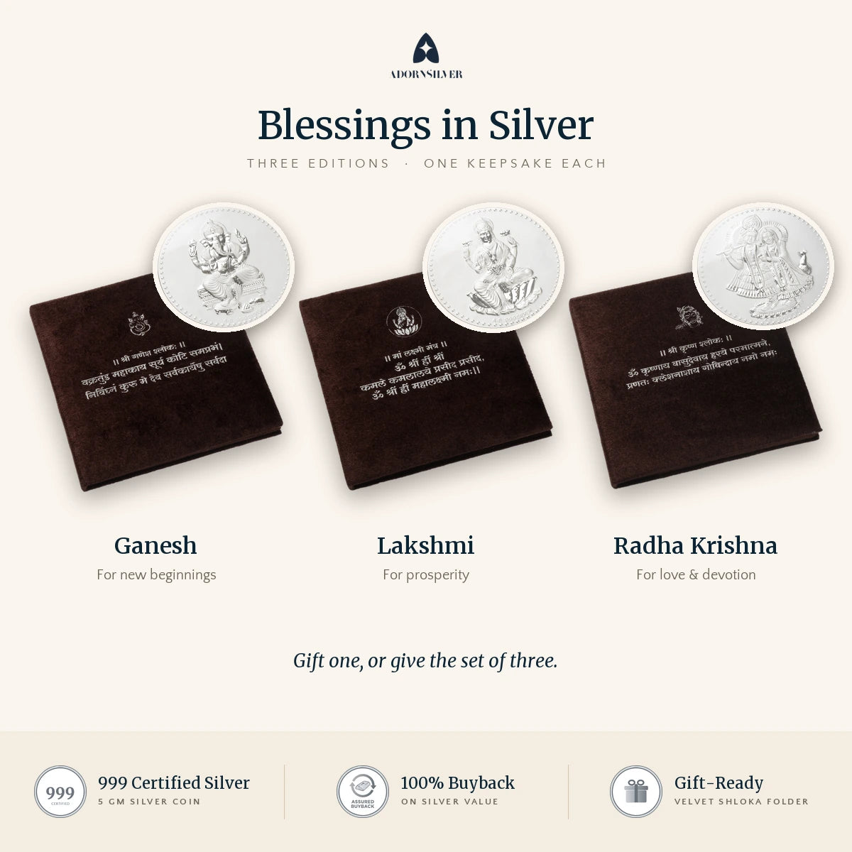 Blessings in Silver coin folders in three editions: Ganesh, Lakshmi and Radha Krishna