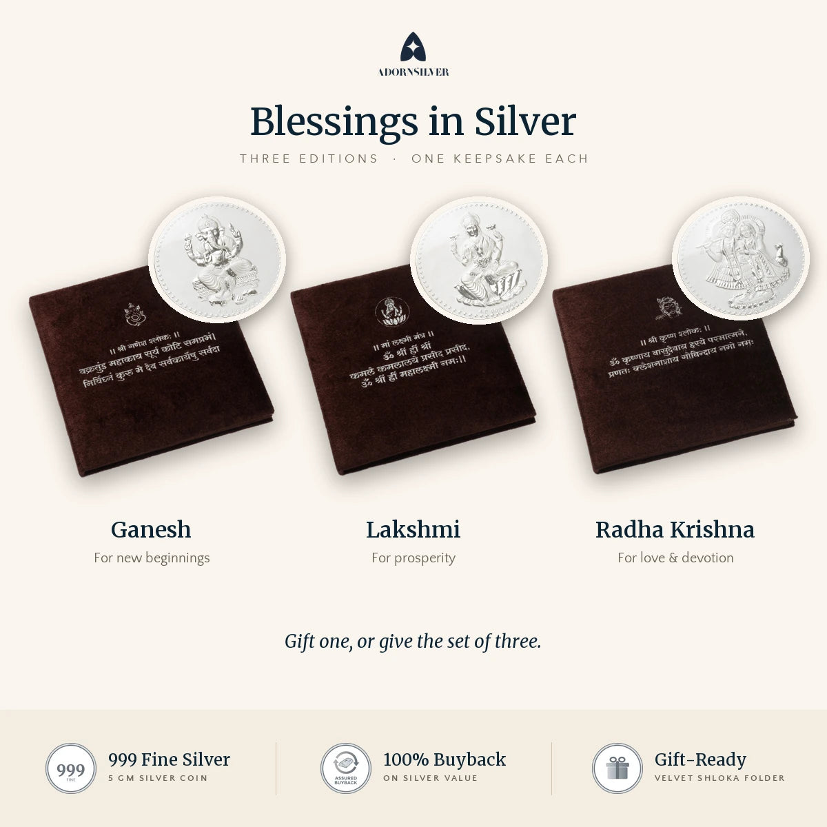 Blessings in Silver coin folders in three editions: Ganesh, Lakshmi and Radha Krishna