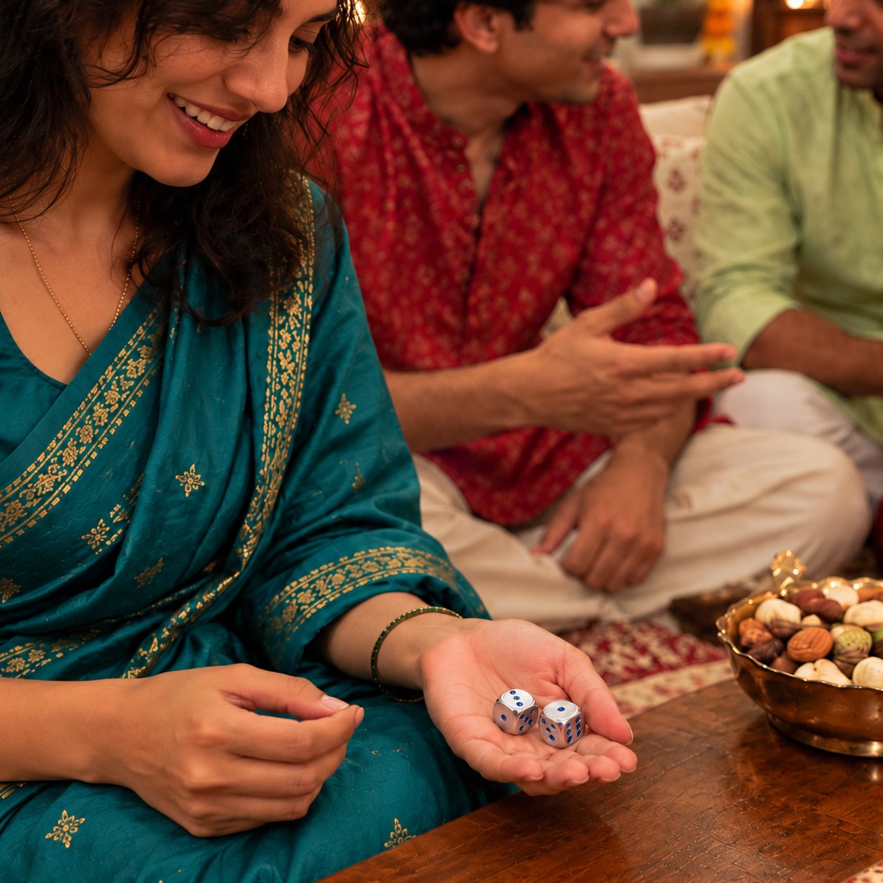Pair of silver dice held in a palm at a Diwali gathering