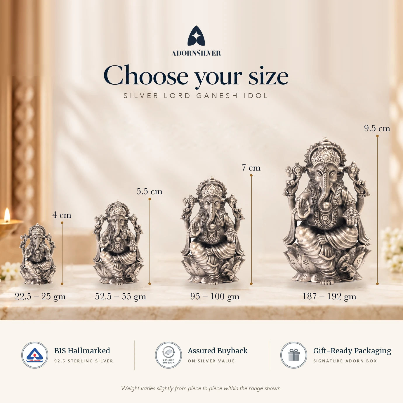 Silver Lord Ganesh idol size guide: 4 cm (22.5–25 gm), 5.5 cm (52.5–55 gm), 7 cm (95–100 gm), 9.5 cm (187–192 gm)