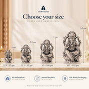 Silver Lord Ganesh idol size guide: 4 cm (22.5–25 gm), 5.5 cm (52.5–55 gm), 7 cm (95–100 gm), 9.5 cm (187–192 gm)
