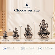 Silver Goddess Lakshmi idol size guide: 4 cm (25–27.5 gm), 5.5 cm (62.5–65 gm), 7 cm (110–115 gm), 9.5 cm (225–230 gm)