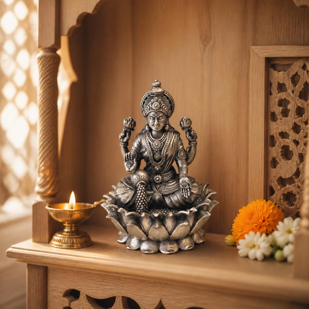 Silver Goddess Laxmi idol in a home mandir with brass diya and marigolds