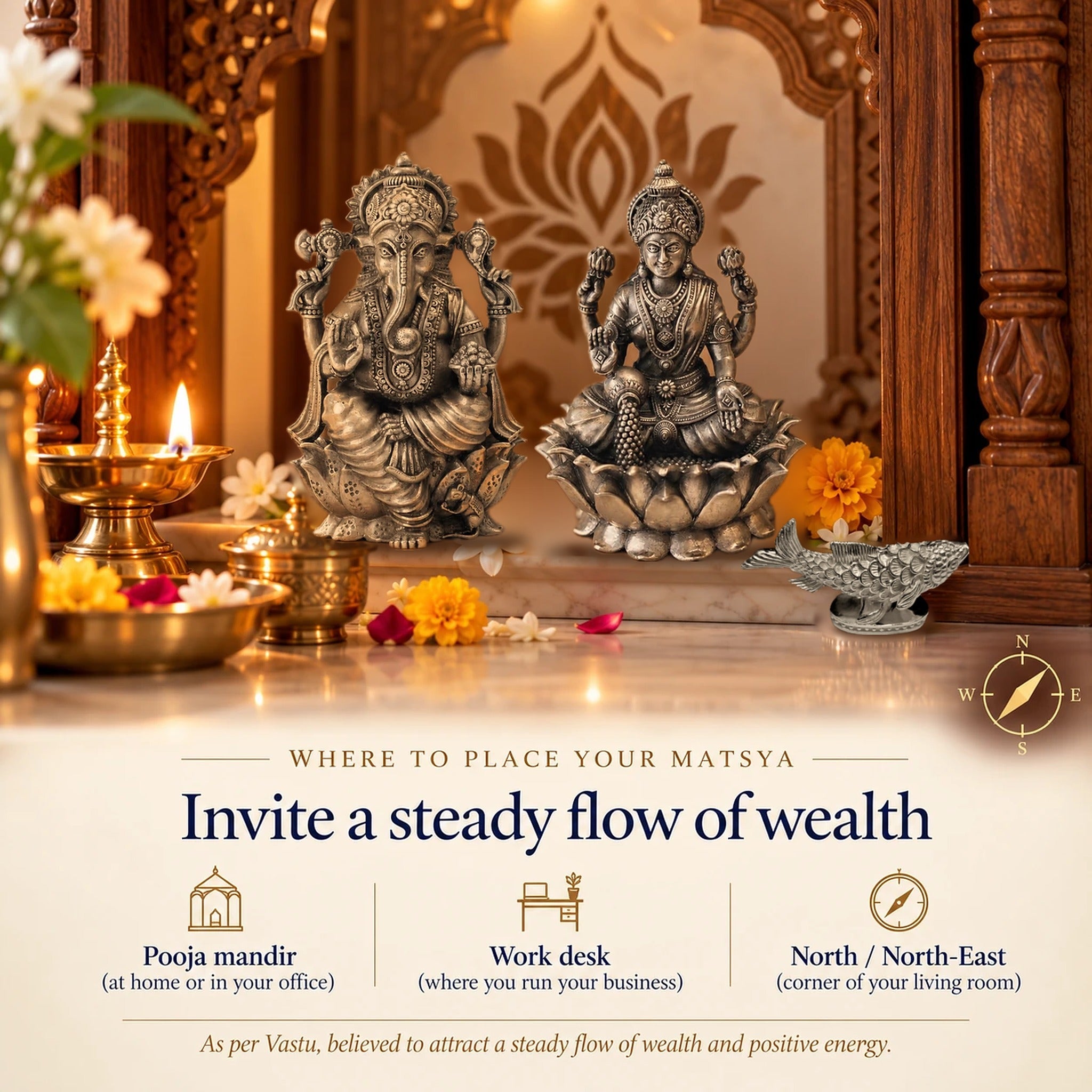 Where to place the silver Matsya: in the pooja mandir beside Lakshmi and Ganesh, on a work desk, or in the north / north-east corner