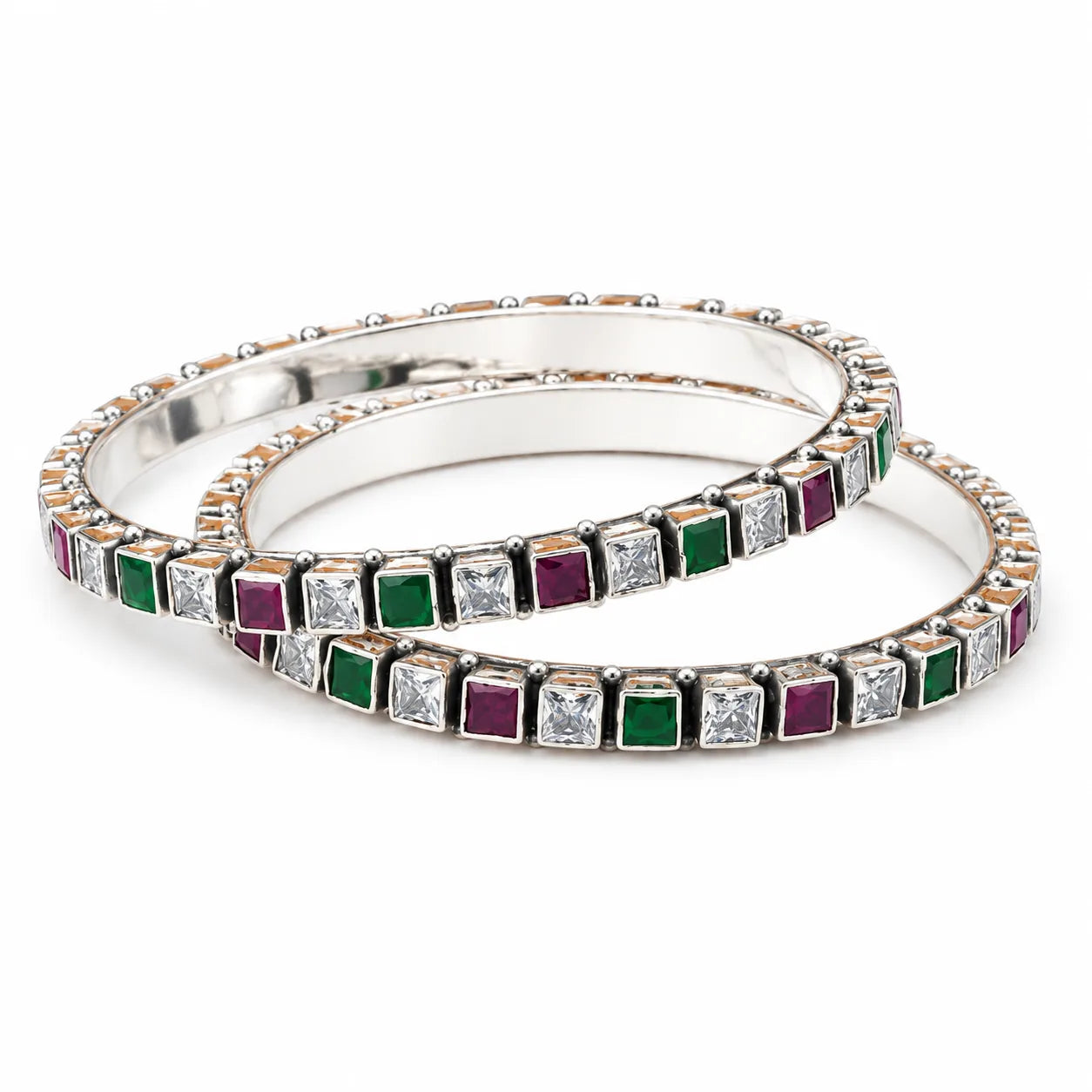 Square-set silver bangles with multicolour stones