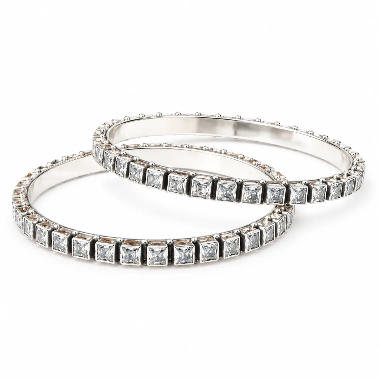 Square-set silver bangles with white stones