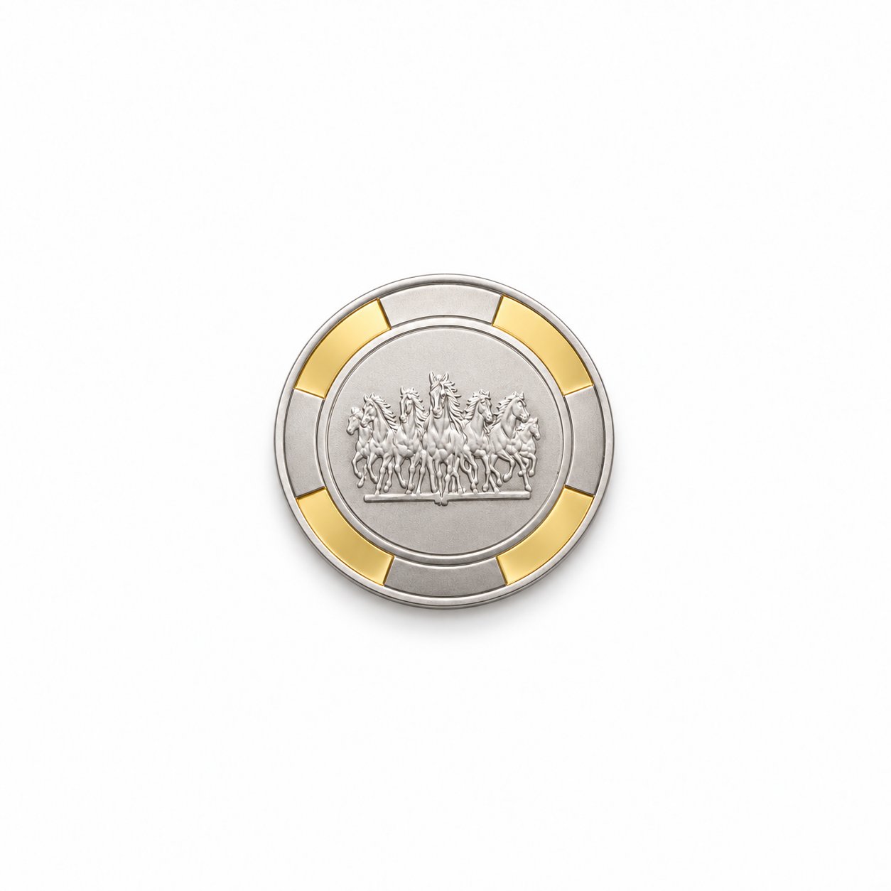 Winning Spirit 92.5 silver poker chip with seven running horses and gold finish rim