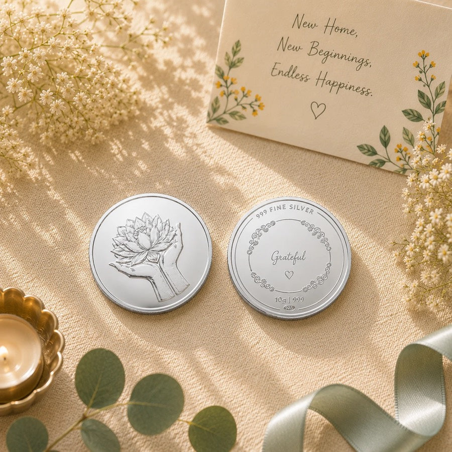 Adorn Silver Grateful coin, 999 fine silver, front and back, with a gifting card